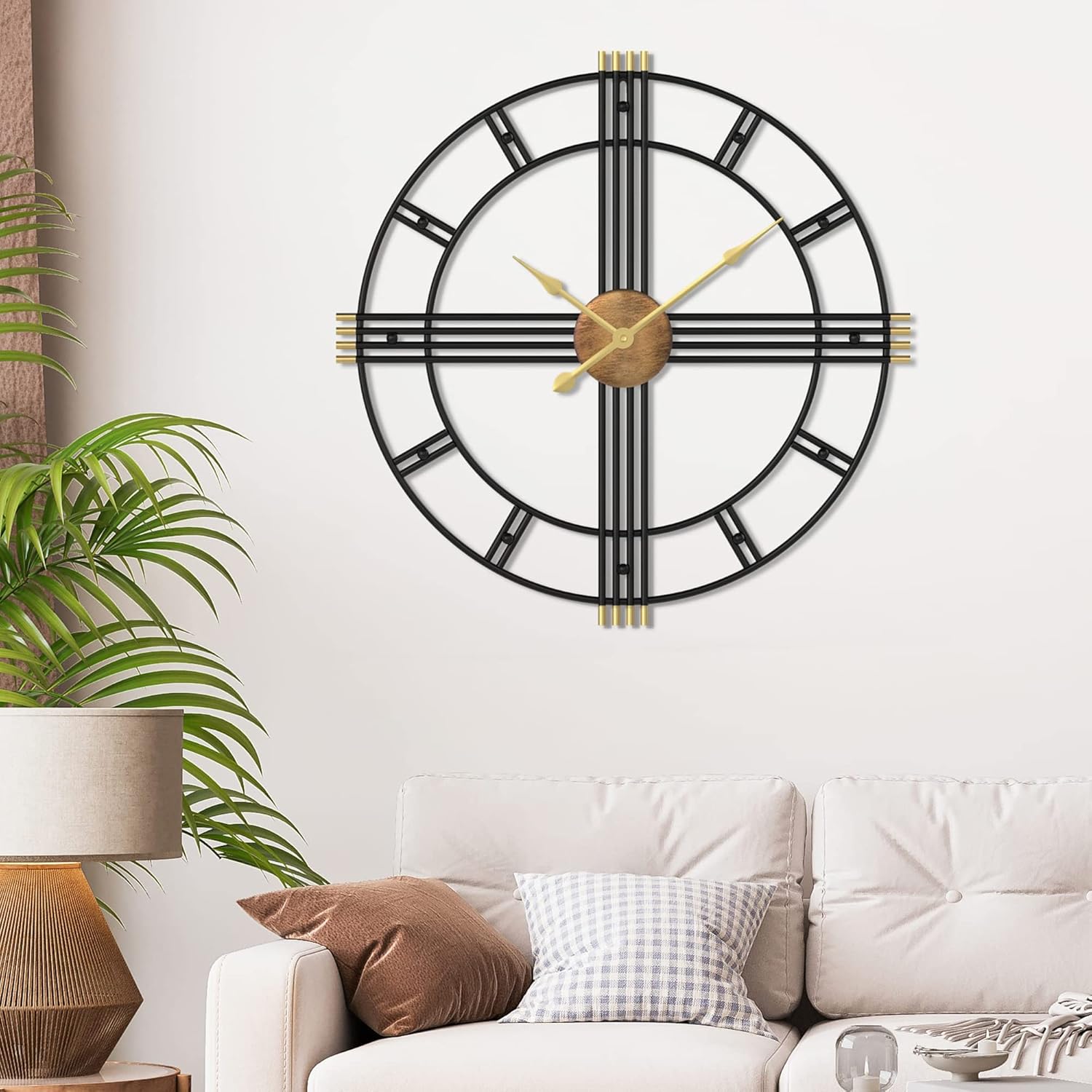 24 Inch Oversized Decorative Wall Clock - Black & Gold Metal - Modern Rustic Style - Extra Large Wall Clock - Silent - Living Room Decor - Farmhouse Wall Clock, (LWCGM01)